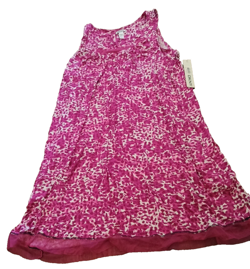 DKNY New Dress Shift Mesh Trim Abstract Hot Pink White Size M Sleeveless Pockets